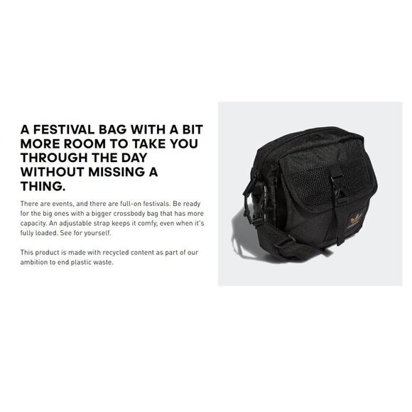 Adidas Large Festival Crossbody Bag Black Gold Trefoil Emblem Adjustable Unisex - Picture 10 of 11